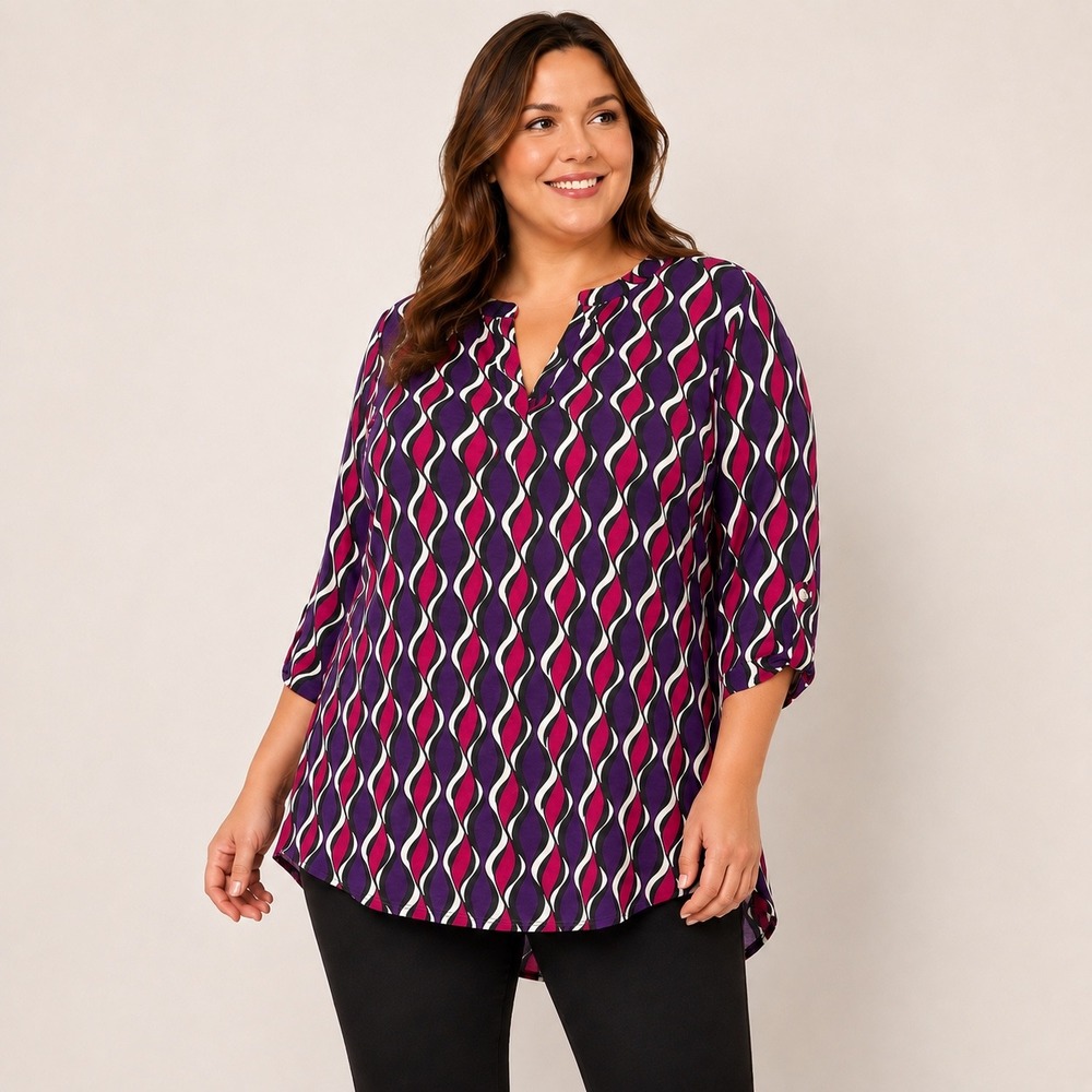 Dear Scarlett Lizzy Tunic Top 2X Geometric V Neck Wrinkle Free Travel Purple Art